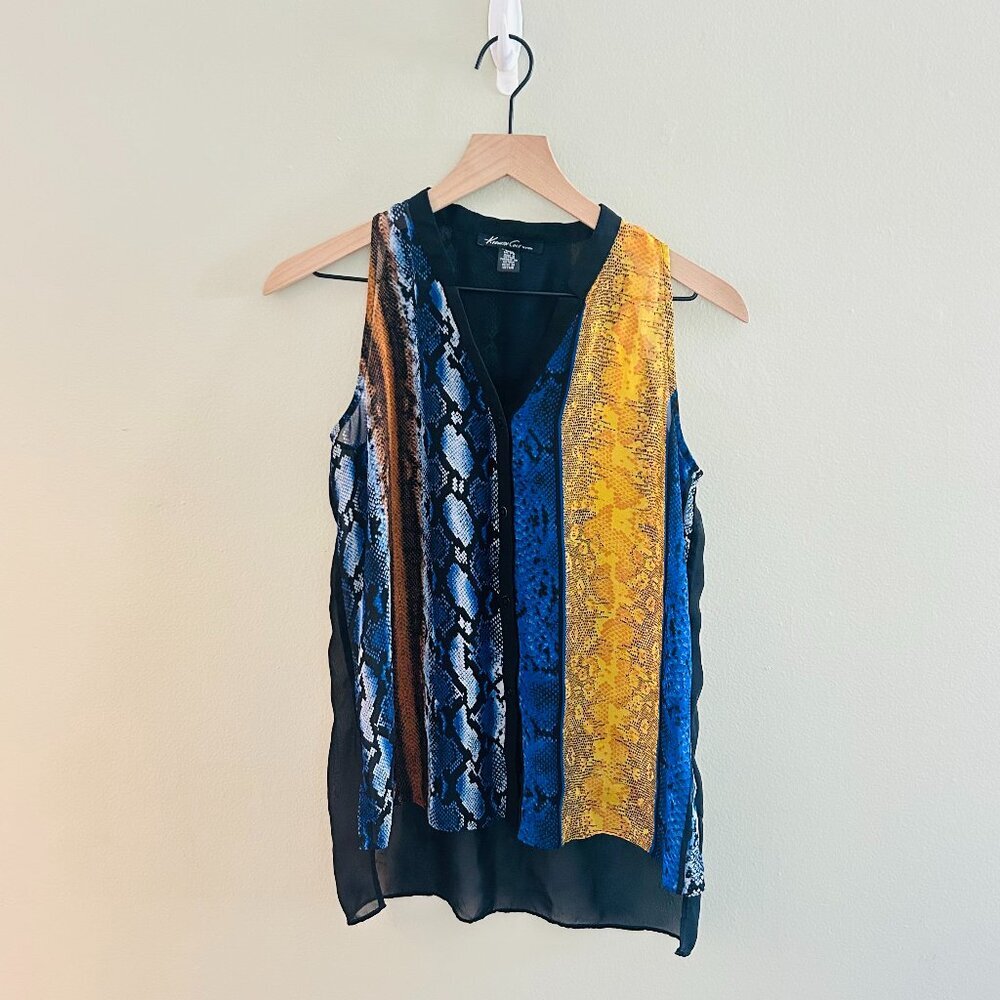 Kenneth Cole New York Snakeskin Blouse Womens Size Small Petite Black Blue